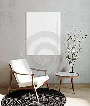 . Poster frame mock up in modern living room interior background with white armchair and gray wall, minimalistic scandinavian