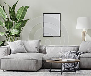 poster frame mock up in modern room with gray sofa and coffee table and tropical plant, 3d rendering.