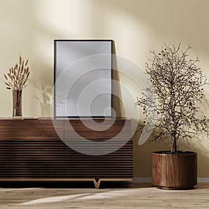 Poster frame mock up on wooden chest of drawers in living room home interior with dried  grass plants, 3d rendering