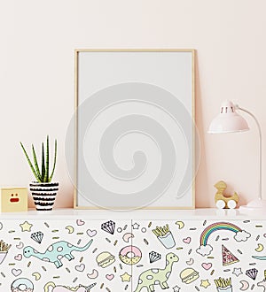 Poster frame mockup in children`s room standing of chest of drawers with funny kids print, with light pink wall on background, 3d