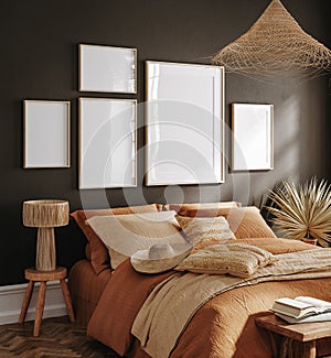 Poster frame mockup in dark bedroom interior background with rattan furniture