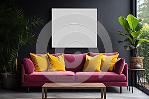 Poster frame mockup on dark wall, pink couch in modern interior design
