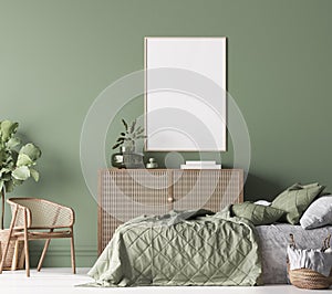 Poster frame mockup in Farmhouse Bedroom, green room interior design with natural wooden furniture photo