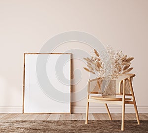 Poster frame mockup in farmhouse room design, wooden and rattan furniture in beige living room