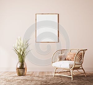 Poster frame mockup in farmhouse room design, wooden and rattan furniture in beige living room