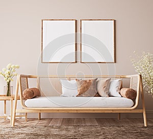 Poster frame mockup in farmhouse room design, wooden and rattan furniture in beige living room