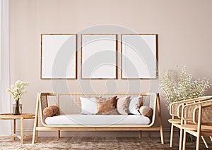 Poster frame mockup in farmhouse room design, wooden and rattan furniture in beige living room