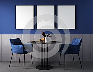 Poster frame mockup in living room interior with blue chair, black table and bright decoration in dark blue background, 3d render