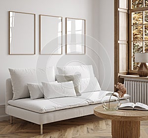 Poster frame mockup in minimalist modern living room interior background, Scandinavian style