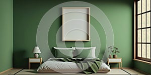 poster frame mockup in mint green tones Japanese traditional bedroom, Generative AI
