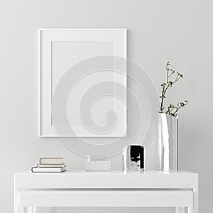 Poster frame mockup with modern decor on empty white wall background