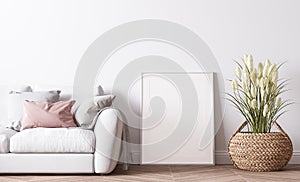 Poster frame mockup in modern living room design, bright interior with pink and white sofa on minimal background