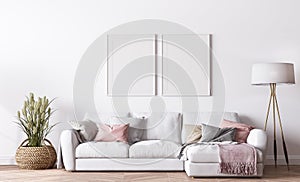 Poster frame mockup in modern living room design, bright interior with pink and white sofa on minimal background