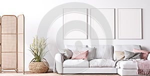 Poster frame mockup in modern living room design, bright interior with pink and white sofa on minimal background, panorama