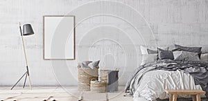 Poster frame mockup for Scandinavian style bedroom, home interior design, 3D render