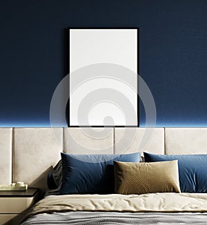 Poster frame mockup in stylish blue bedroom interior, 3d rendering