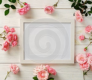 Poster frame mockup, top view, pink roses on white wooden background. Holiday concept. Flat lay. Copy space