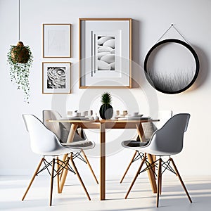 Poster frame modern dining room interior minimalist style photo with wood frames and paintings on the white wall created with