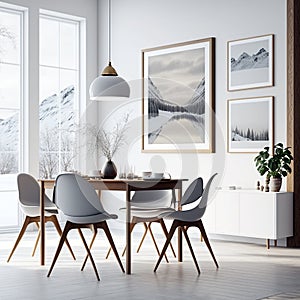 Poster frame modern dining room interior minimalist style photo with wood frames and paintings on the white wall created with
