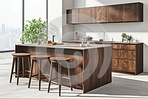 Poster frame on a white wall in a modern kitchen with barstools. 3D rendering