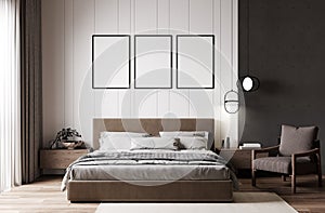 poster frames mock up in modern bedroom interior in beige tones, 3d rendering