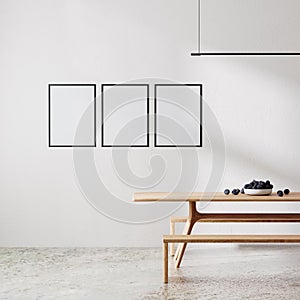 poster frames mock up in modern room minimalist interior with white all with sunlight and shadow, wooden table with benches, dinn