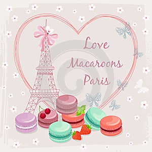 Poster with french macaroon cakes and the Eiffel photo