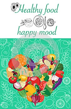 Poster with fresh organic vegetables by Heart shape