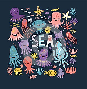 A poster with funny octopuses. Sea. Ocean photo