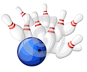 Poster games in the bowling club. Vector background design with strike at alley ball skittles. Flat illustration. Web site page an