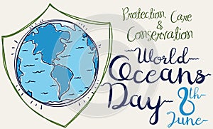 Poster with a giant Shield for World Oceans Day, Vector Illustration