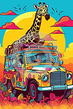 A poster of a giraffe and a jeep in a safari. Colorful abstract cheerful graphics