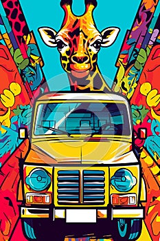 A poster of a giraffe and a jeep in a safari. Colorful abstract cheerful graphics