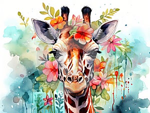 A poster with a giraffe. Watercolor cartoon giraffetropical animal illustration. Jungle exotic summer print.