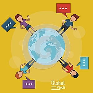 Poster of global people with yellow background of planet earth and people around her with text dialogues