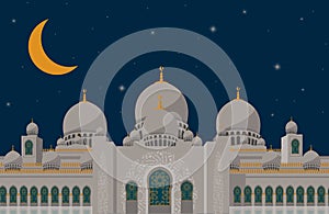 The poster grand mosque of syekh zayed arabic islamic place for pray in silhouette with moon and star on blue night background