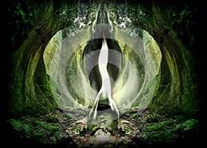 Poster Green Flame of Archangel Raphael in beautiful mystical forest landscape.
