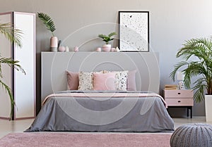 Poster on grey headboard of bed in grey and pink bedroom interior with plants. Real photo