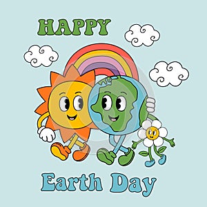 poster with groovy Earth , Sun, rainbow, flower