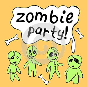 A poster, a Halloween card with cute funny contour zombies and the inscription-Zombie party. Festive title for invitation, party,