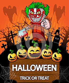 Poster of Halloween with clown holding a knif. Vector illustration