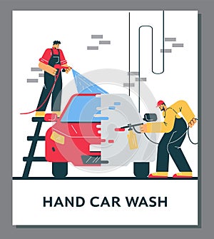 Poster about hand car wash service flat style, vector illustration