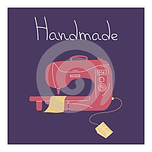 Poster with hand drawn vector sewing machine with lettering on purple background.