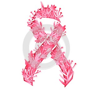 Poster with handdrawn lettering breast cancer. Realistic pink ribbon.