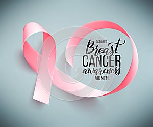 Poster with handdrawn lettering breast cancer. Realistic pink ribbon.