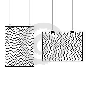 Poster hanging with zebra art. Vector monochrome seamless pattern, curved lines, striped black & white background. Abstract