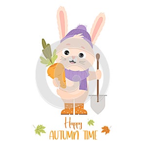 Poster Happy autumn time. Cute rabbit in rubber boots with carrot and garden tool with shovel. Vector illustration with