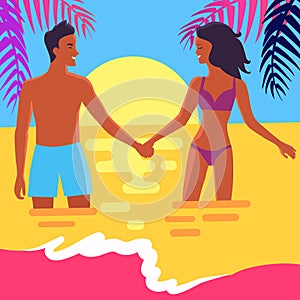 Poster of Happy Couple Standing in Sea at Sunset