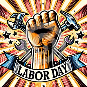 Poster: Happy Labor Day. Clenched fist on the background of wrenches and tools.