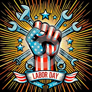 Poster: Happy Labor Day. Clenched fist on the background of wrenches and tools.